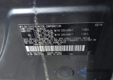 2018 Toyota Rav4 Le из США, поврежденный, VIN JTMBFREV8JJ221731